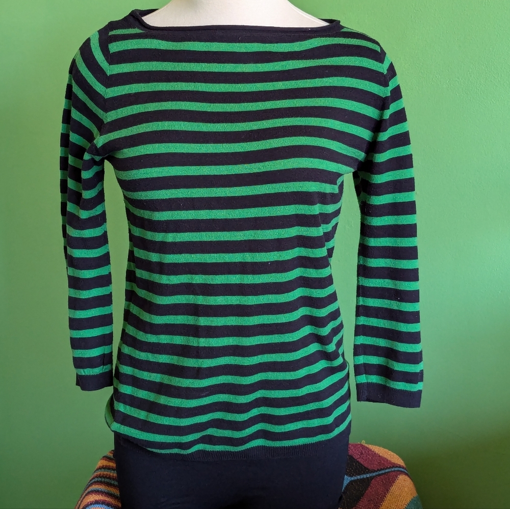 Zara Boat Neck Green and Black Stripe Top
